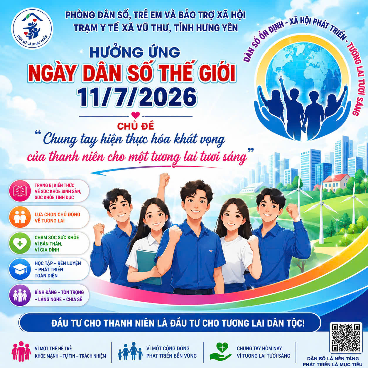 VŨ THƯ HƯỞNG ỨNG NGÀY DÂN SỐ THẾ GIỚI 11/7: ĐẦU TƯ CHO THANH NIÊN, KIẾN TẠO TƯƠNG LAI